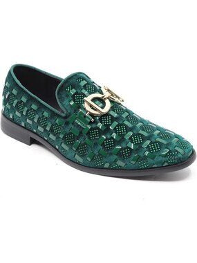 Metrocharm Men's Green Velvet Woven Pattern Loafers Gold Buckle Luxury Shoes